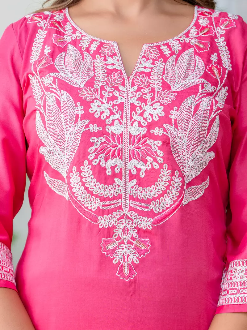 Floral embroidered silk round neck kurta trouser & dupatta set