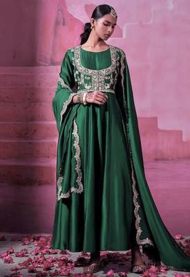 green sequins embroidered chinon silk gown 3