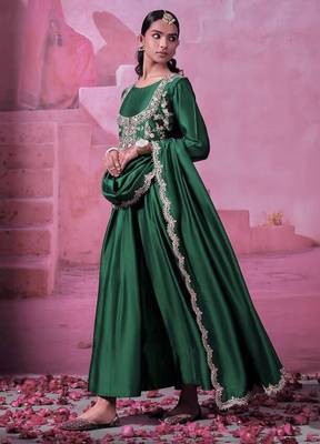 green sequins embroidered chinon silk gown 4