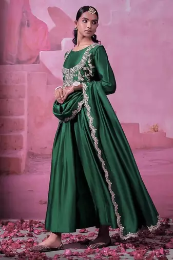 green sequins embroidered chinon silk gown
