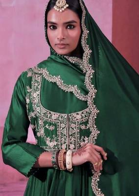 green sequins embroidered chinon silk gown 5