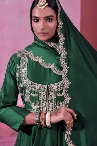 green sequins embroidered chinon silk gown