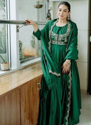 green sequins embroidered chinon silk gown 6