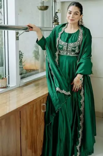green sequins embroidered chinon silk gown