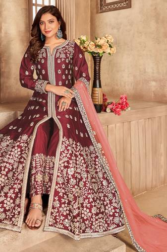 MAROON COLOR CORDING WORK ART SILK GOWN 
