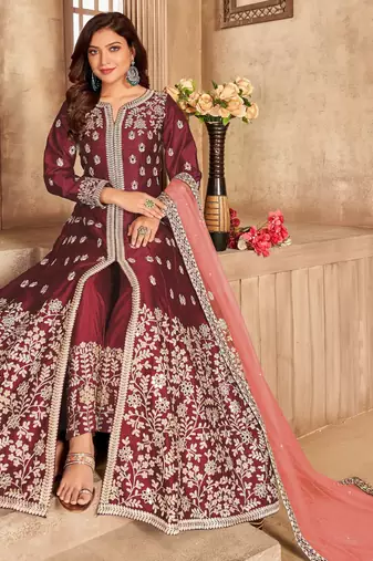 MAROON COLOR CORDING WORK ART SILK GOWN 