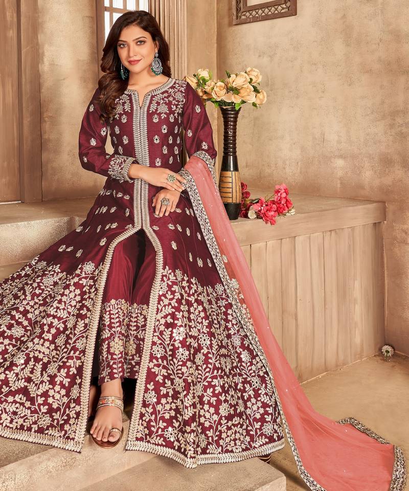MAROON COLOR CORDING WORK ART SILK GOWN 