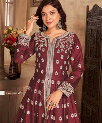 MAROON ART SILK GOWN  2