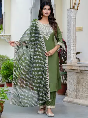Floral embroidered silk blend round neck kurta trouser & dupatta set 1