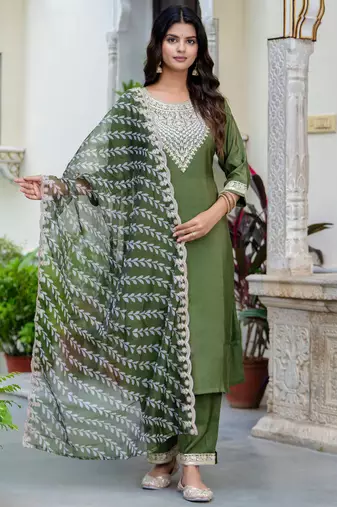 Floral embroidered silk round neck kurta trouser & dupatta set