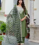 Floral embroidered silk round neck kurta trouser & dupatta set