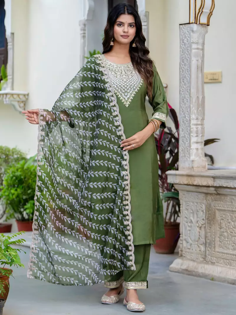 Floral embroidered silk round neck kurta trouser & dupatta set