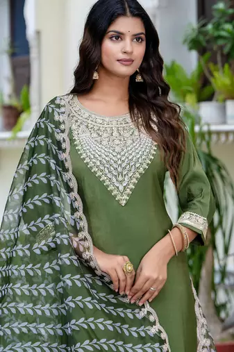 Floral embroidered silk blend round neck kurta trouser & dupatta set