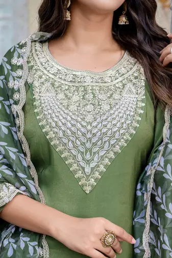 Floral embroidered silk blend round neck kurta trouser & dupatta set
