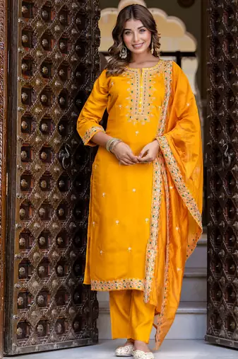 Floral embroidered silk round neck kurta trouser & dupatta set