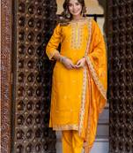 Floral embroidered silk blend round neck kurta trouser & dupatta set