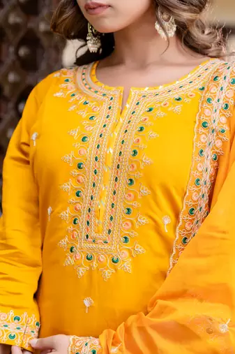 Floral embroidered silk blend round neck kurta trouser & dupatta set