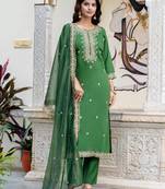 Floral embroidered silk blend round neck kurta trouser & dupatta set