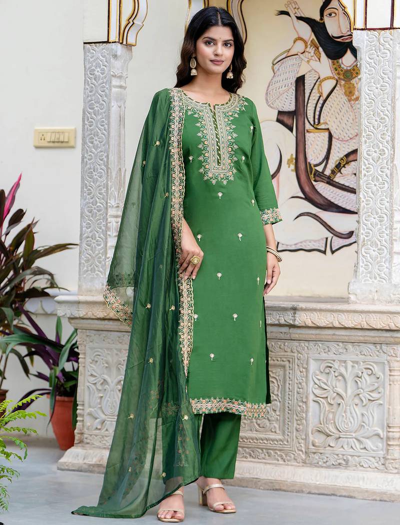 Floral embroidered silk round neck kurta trouser & dupatta set