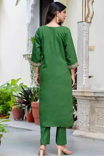 Floral embroidered silk blend round neck kurta trouser & dupatta set