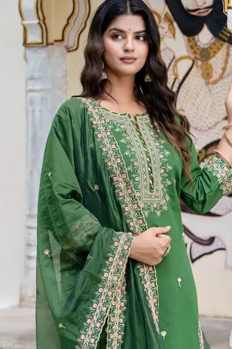 Floral embroidered silk blend round neck kurta trouser & dupatta set
