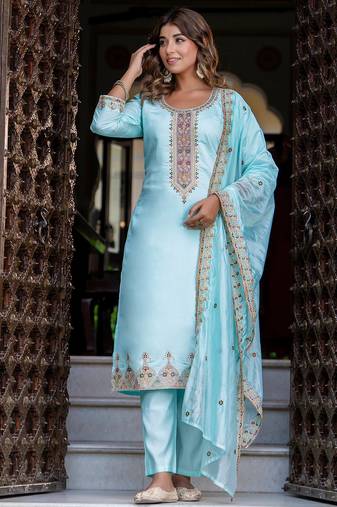 Floral embroidered silk round neck kurta trouser & dupatta set