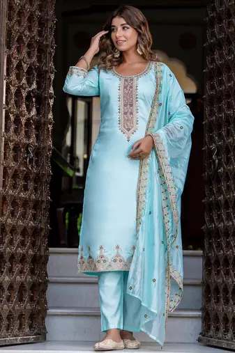 Floral embroidered silk round neck kurta trouser & dupatta set