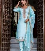 Floral embroidered silk blend round neck kurta trouser & dupatta set