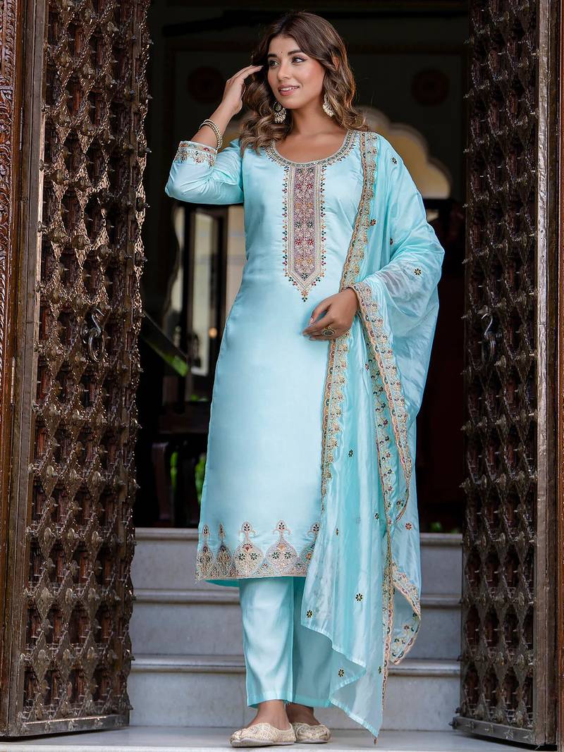 Floral embroidered silk round neck kurta trouser & dupatta set