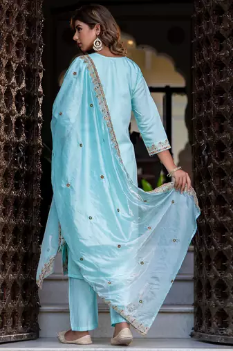 Floral embroidered silk blend round neck kurta trouser & dupatta set