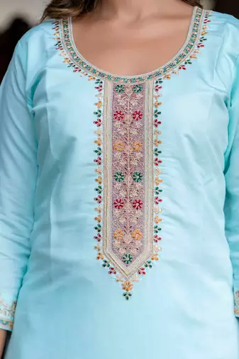 Floral embroidered silk blend round neck kurta trouser & dupatta set