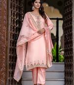 Floral embroidered silk blend round neck kurta trouser & dupatta set
