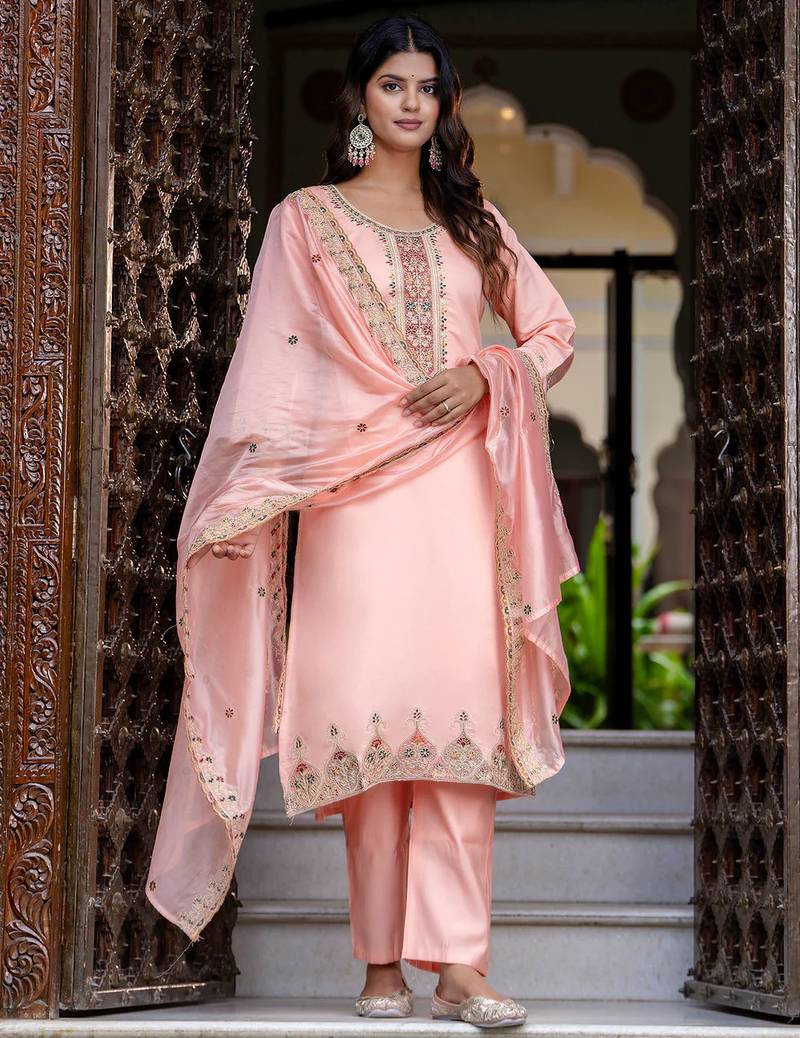 Floral embroidered silk round neck kurta trouser & dupatta set