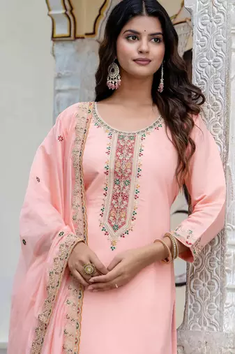 Floral embroidered silk blend round neck kurta trouser & dupatta set