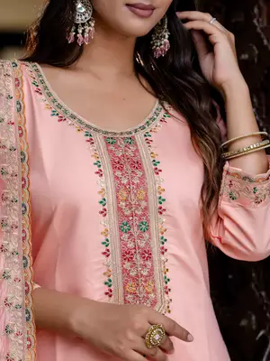 Floral embroidered silk blend round neck kurta trouser & dupatta set 4