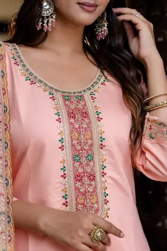 Floral embroidered silk blend round neck kurta trouser & dupatta set