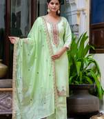 Floral embroidered silk round neck kurta trouser & dupatta set