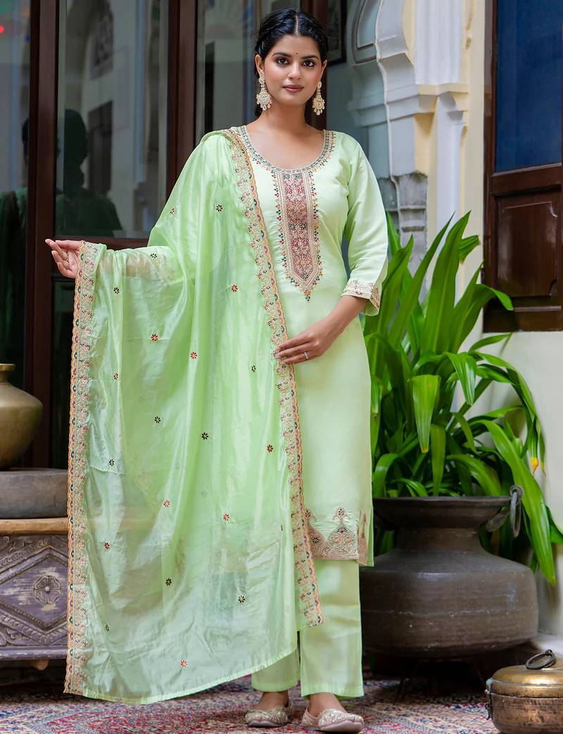 Floral embroidered silk round neck kurta trouser & dupatta set