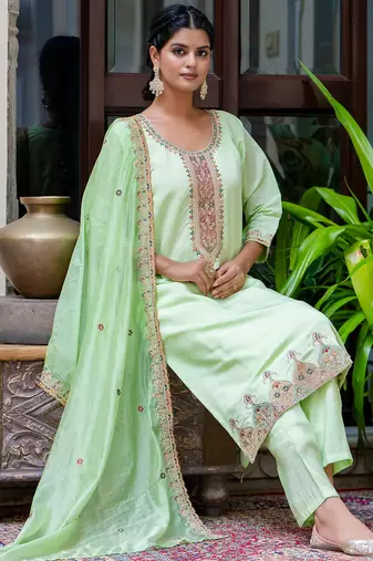 Floral embroidered silk blend round neck kurta trouser & dupatta set