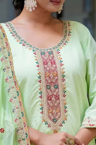 Floral embroidered silk blend round neck kurta trouser & dupatta set