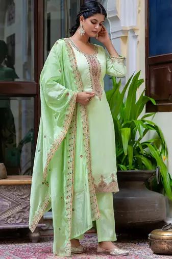 Floral embroidered silk blend round neck kurta trouser & dupatta set