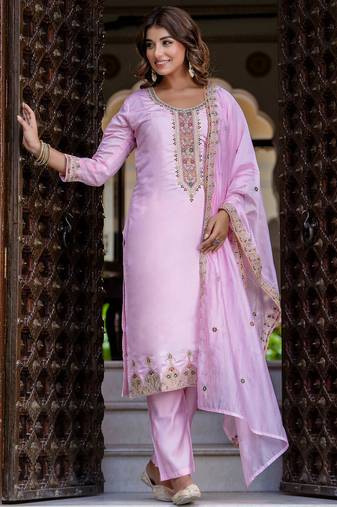 Floral embroidered silk blend round neck kurta trouser & dupatta set