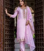 Floral embroidered silk round neck kurta trouser & dupatta set