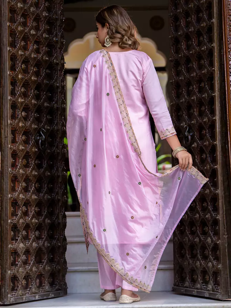 Floral embroidered silk round neck kurta trouser & dupatta set