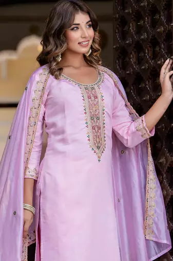 Floral embroidered silk blend round neck kurta trouser & dupatta set