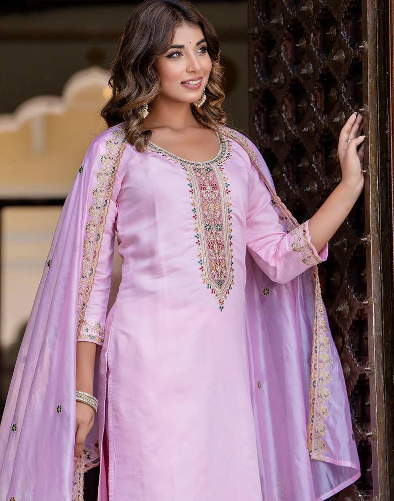Floral embroidered silk round neck kurta trouser & dupatta set