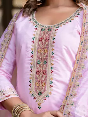 Floral embroidered silk blend round neck kurta trouser & dupatta set 4
