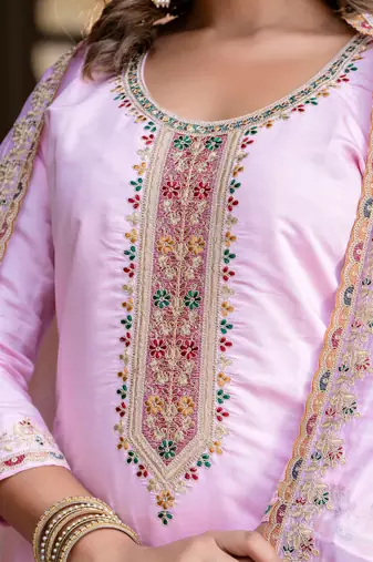 Floral embroidered silk blend round neck kurta trouser & dupatta set