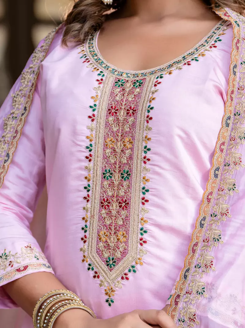 Floral embroidered silk round neck kurta trouser & dupatta set