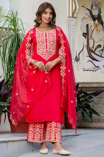 Floral embroidered silk round neck kurta trouser & dupatta set